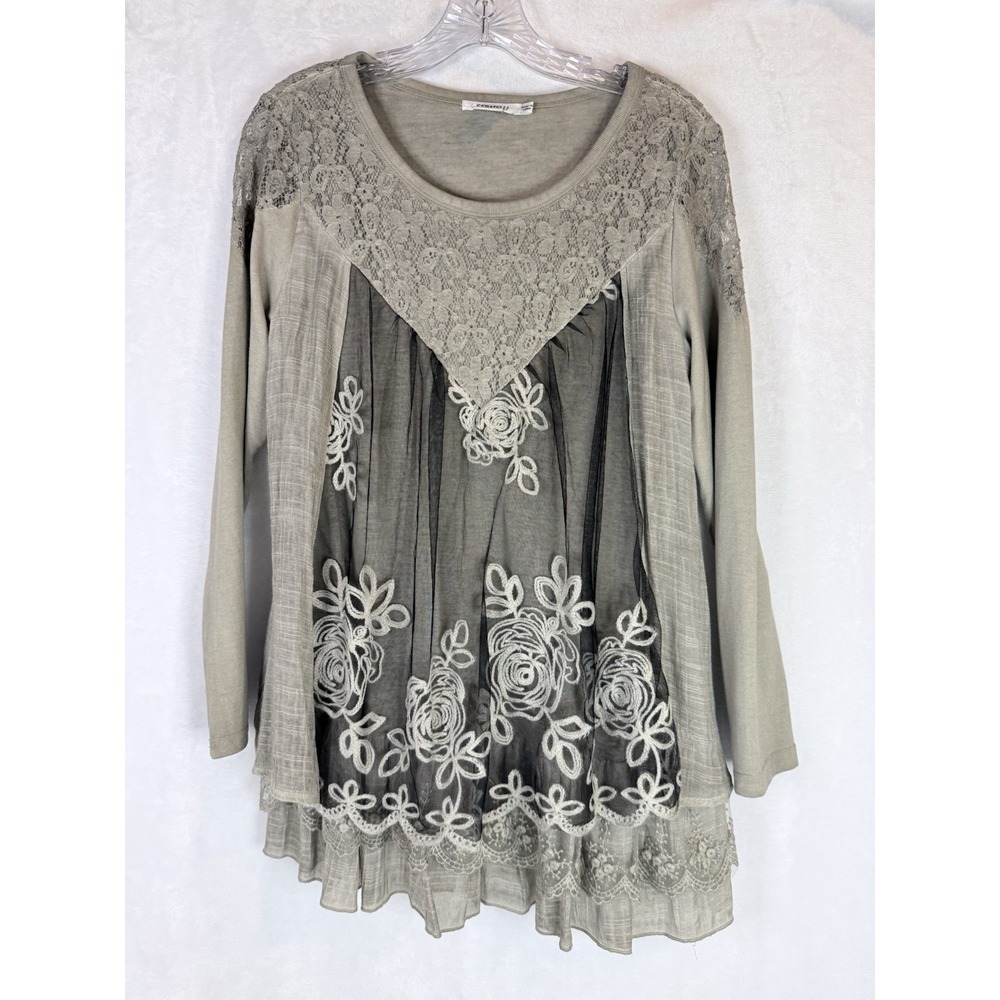 Feratelli Boutique Lace Embroidered Tunic Top Boho Romantic Mesh Layered Small‎